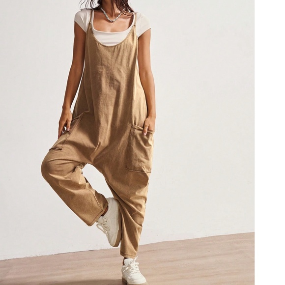 Star Patch Solid Camel Pockets Straight Leg Cami Jumpsuit - Picture 5 of 5